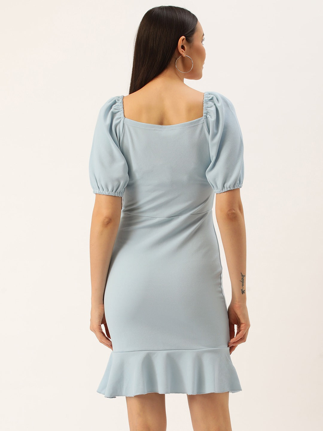 Women Sweetheart Neck Puff Sleeves Scuba Bodycon Dress