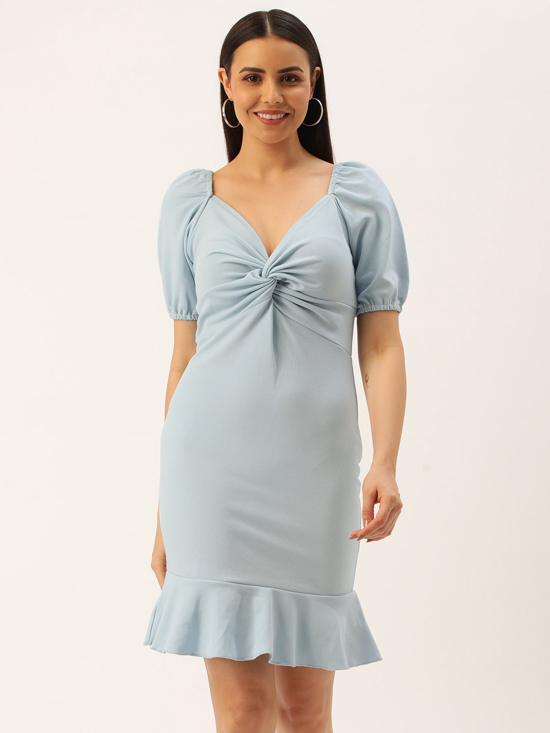 Women Sweetheart Neck Puff Sleeves Scuba Bodycon Dress