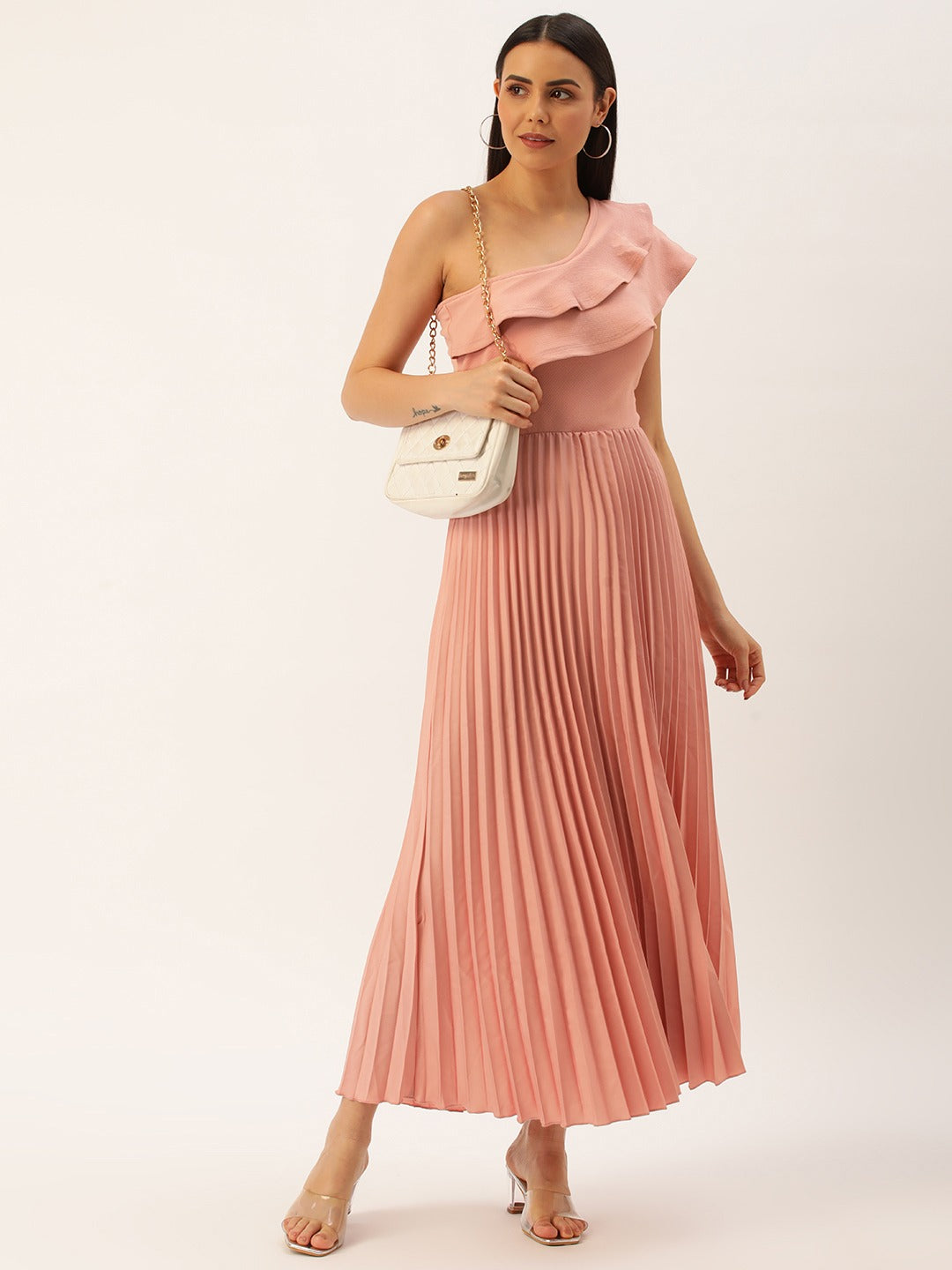 Women Peach One Shoulder Flared Sleeve Accordion Pleated Ruffled Scuba Fit & Flare Maxi Dress