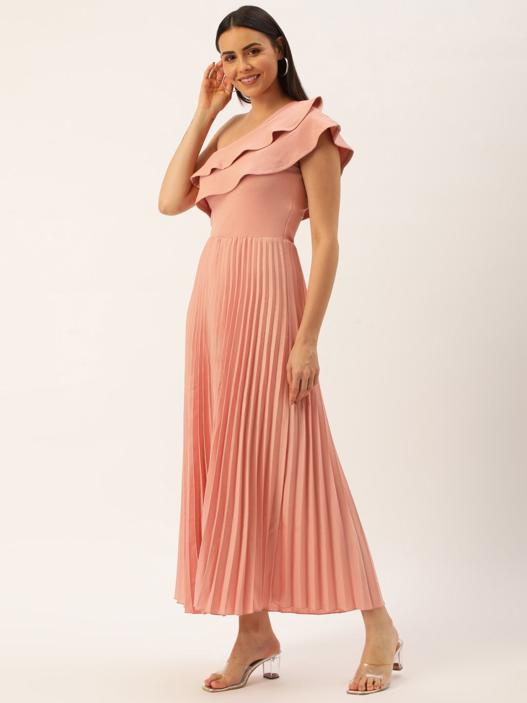Women Peach One Shoulder Flared Sleeve Accordion Pleated Ruffled Scuba Fit & Flare Maxi Dress