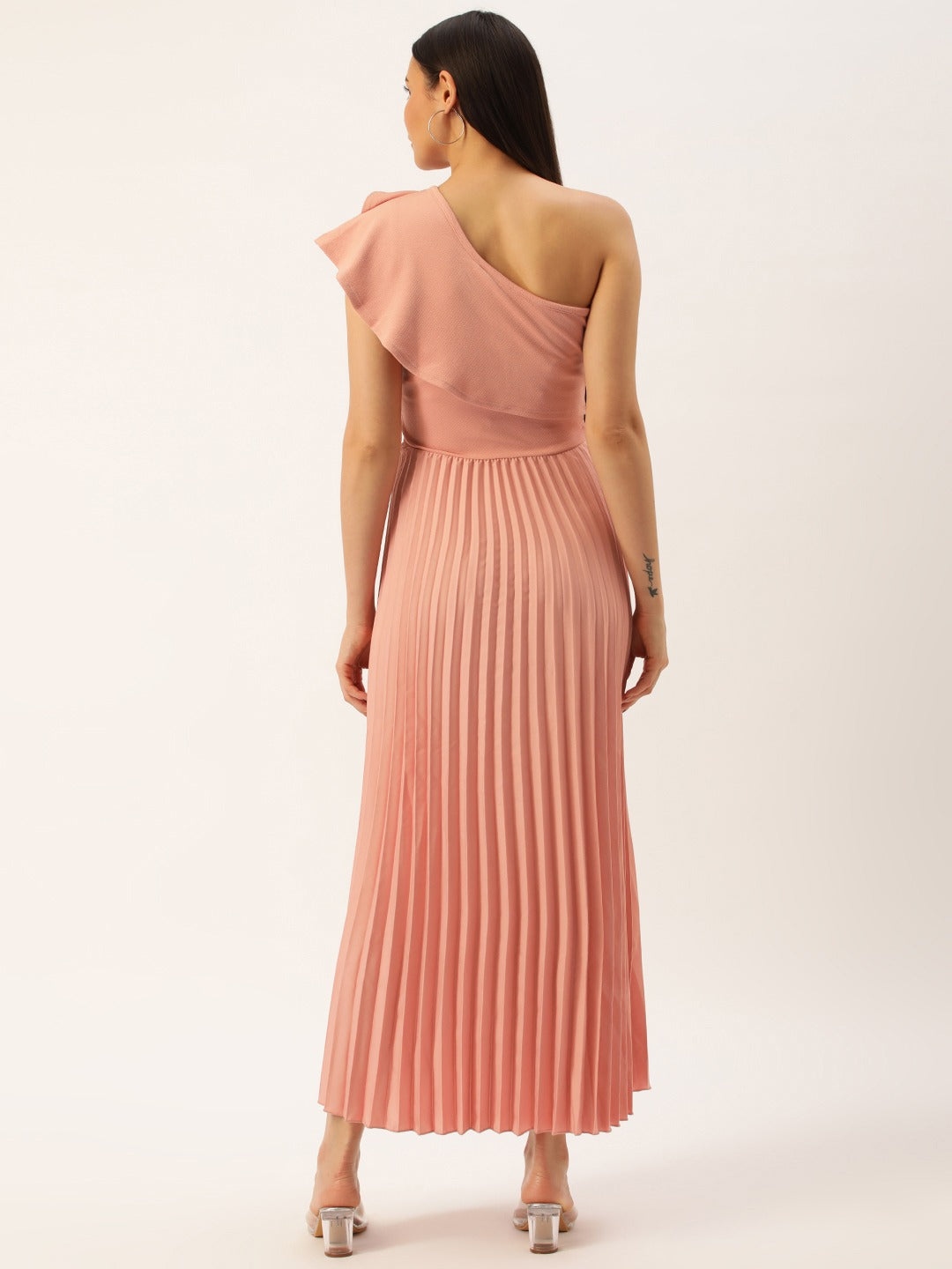 Women Peach One Shoulder Flared Sleeve Accordion Pleated Ruffled Scuba Fit & Flare Maxi Dress