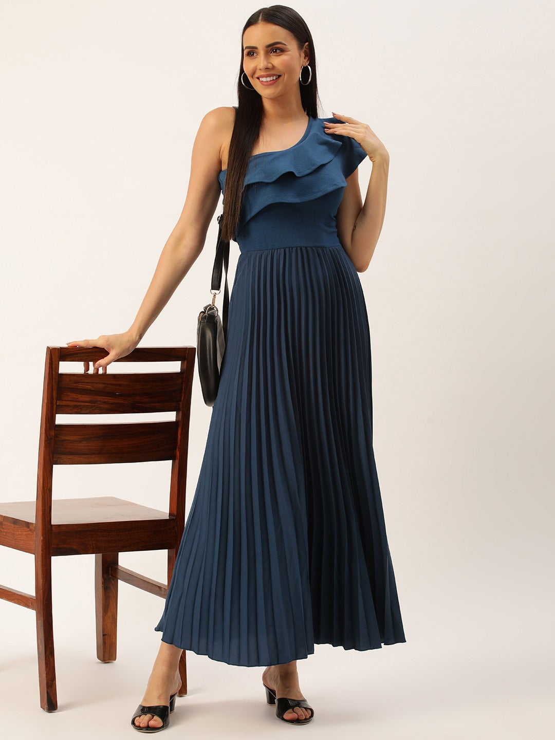 Women Navy One Shoulder Flared Sleeve Accordion Pleated Ruffled Scuba Fit & Flare Maxi Dress