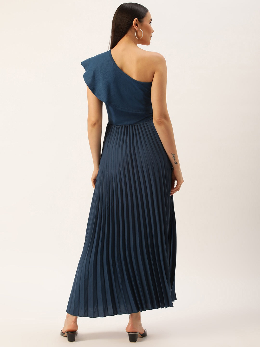 Women Navy One Shoulder Flared Sleeve Accordion Pleated Ruffled Scuba Fit & Flare Maxi Dress