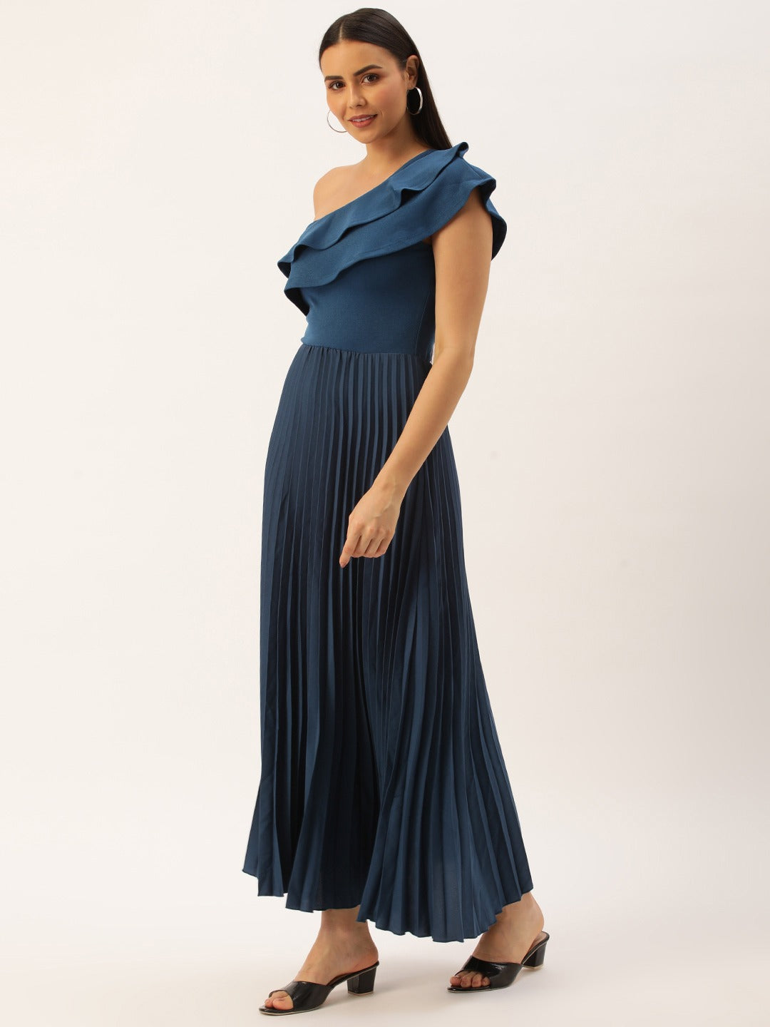 Women Navy One Shoulder Flared Sleeve Accordion Pleated Ruffled Scuba Fit & Flare Maxi Dress
