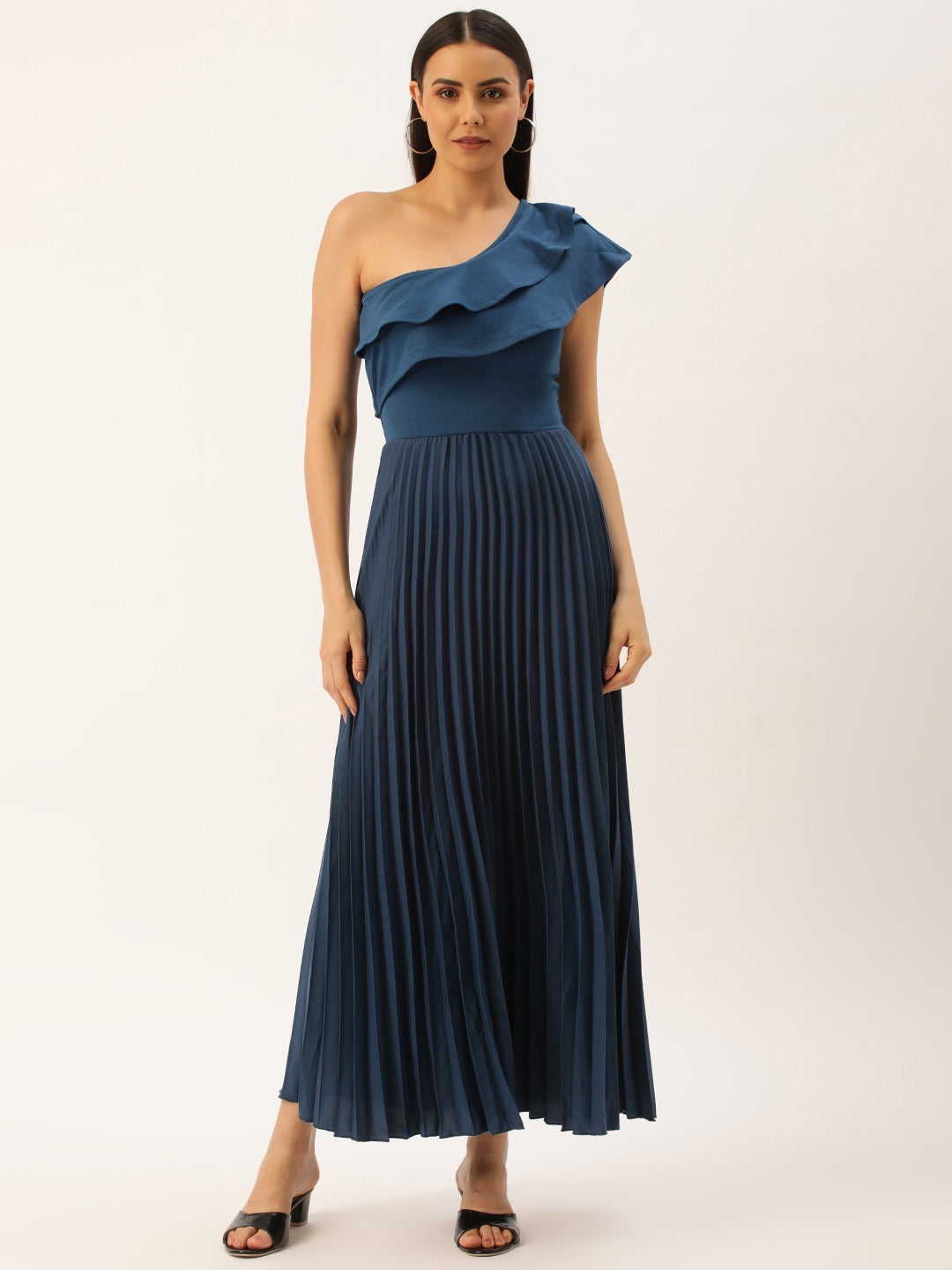Women Navy One Shoulder Flared Sleeve Accordion Pleated Ruffled Scuba Fit & Flare Maxi Dress