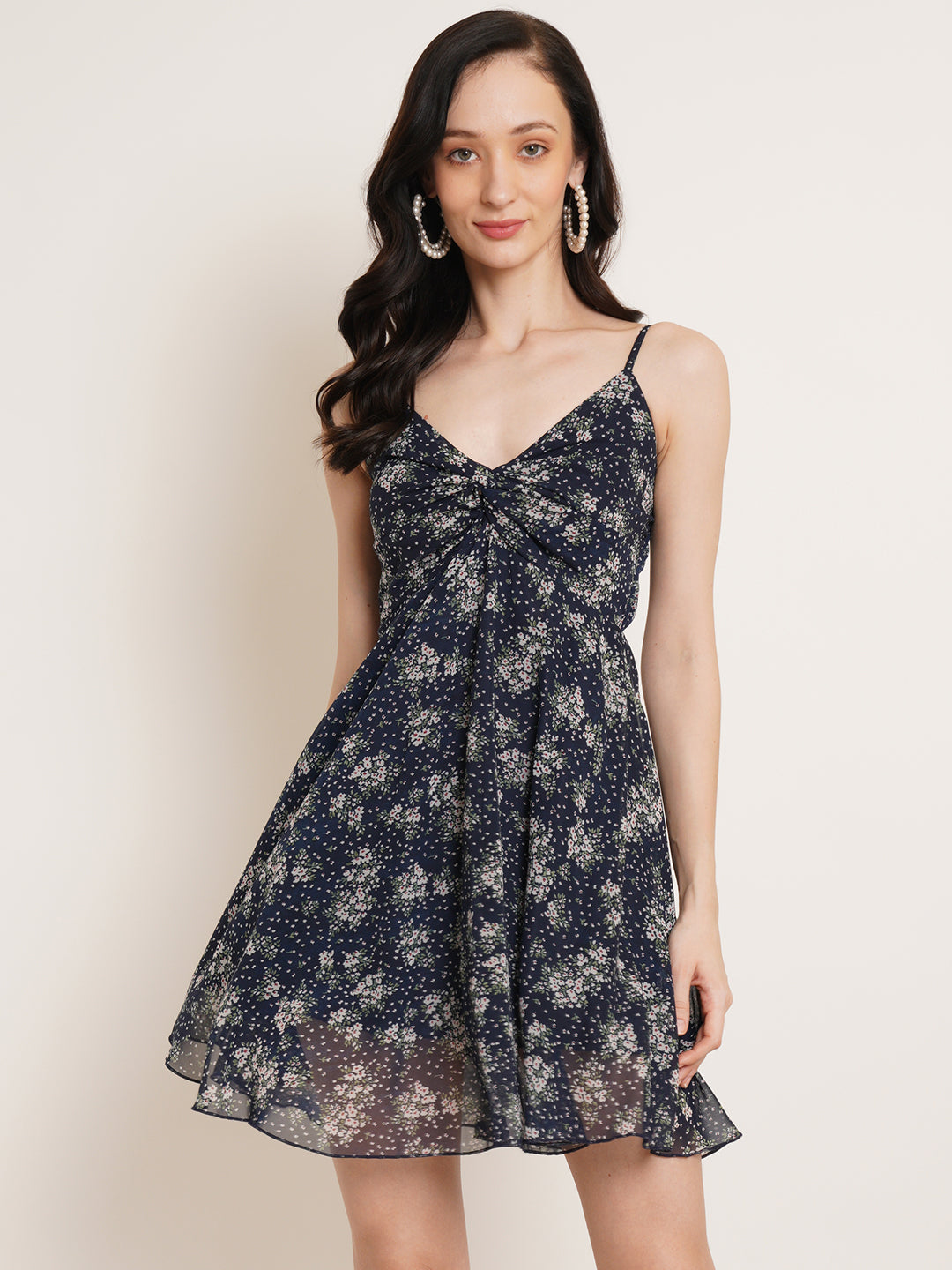 Women Blue Floral Printed Gathered Georgette Empire Dress