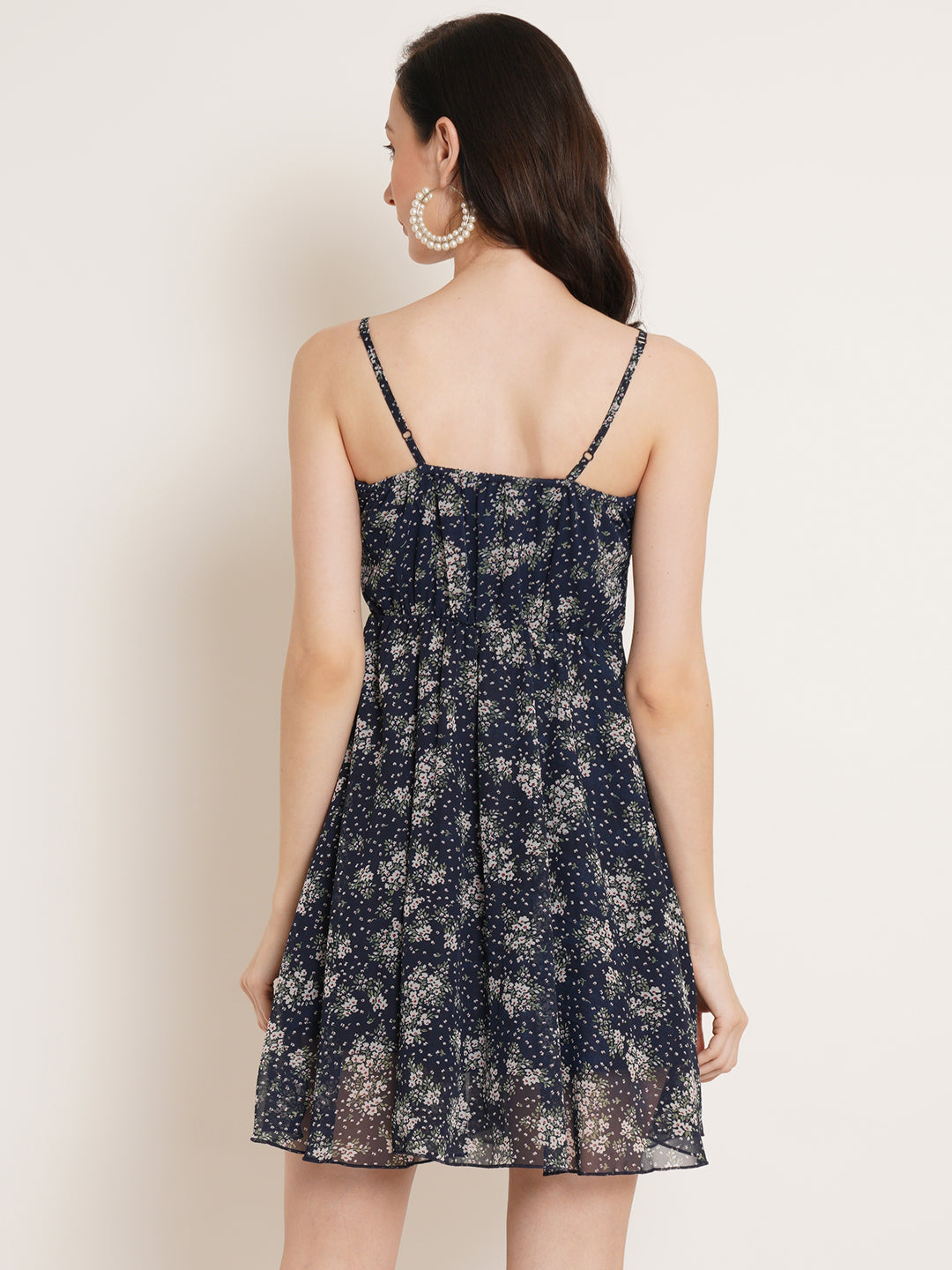 Women Blue Floral Printed Gathered Georgette Empire Dress