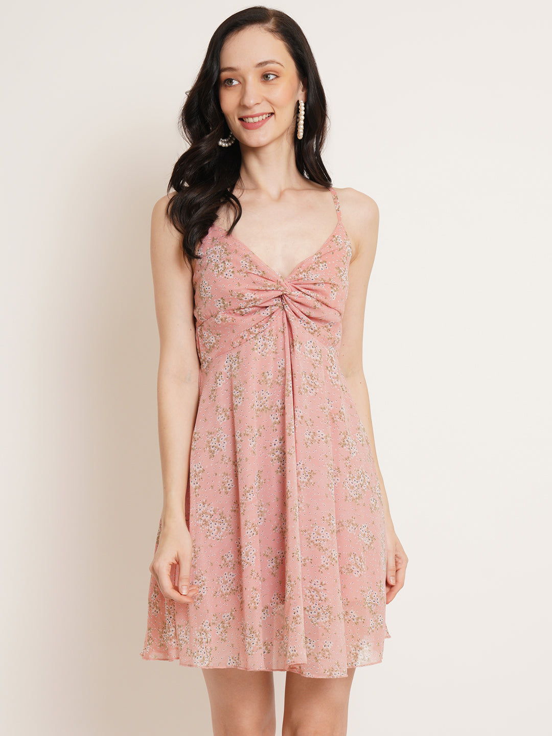 Women Pink Floral Printed Gathered Georgette Empire Dress