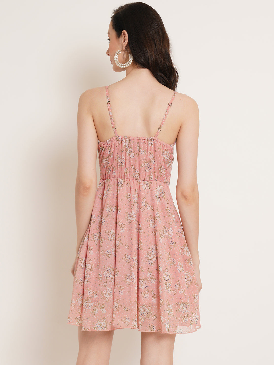 Women Pink Floral Printed Gathered Georgette Empire Dress