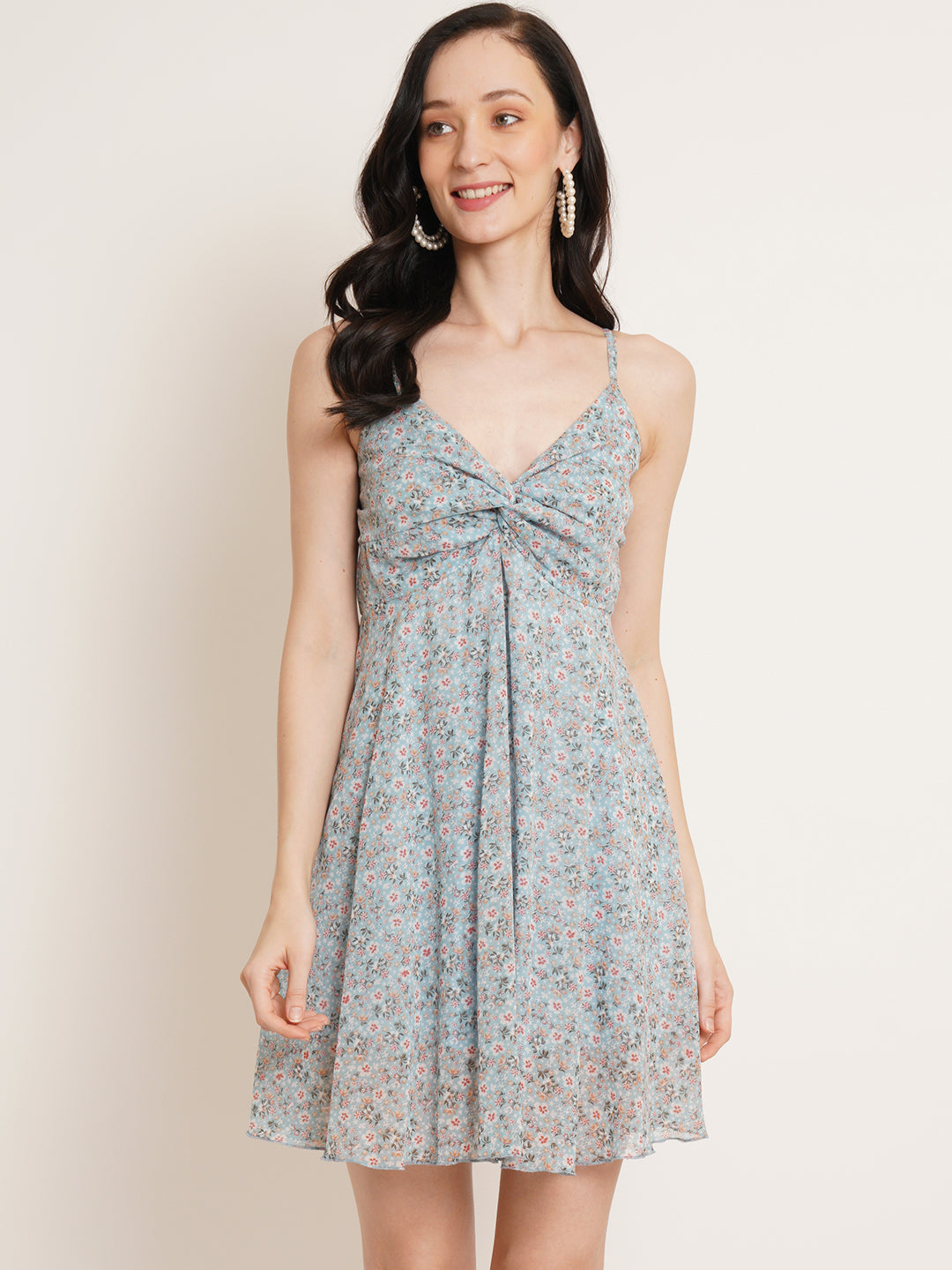 Women Blue Floral Printed Gathered Georgette Empire Dress