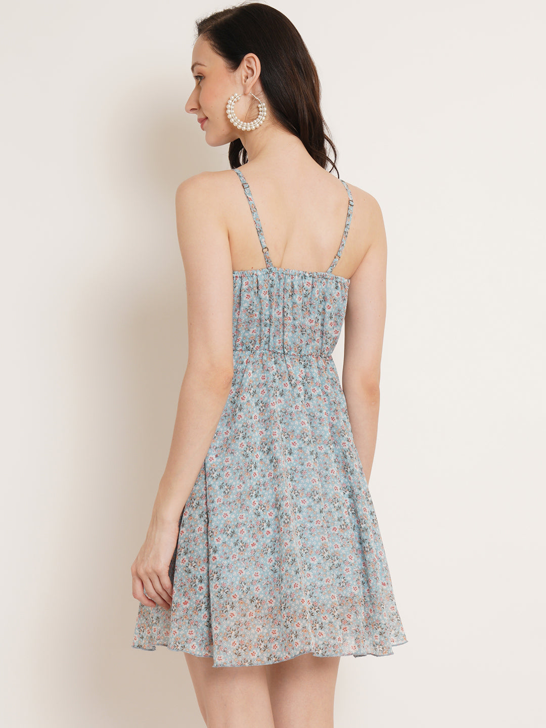 Women Blue Floral Printed Gathered Georgette Empire Dress