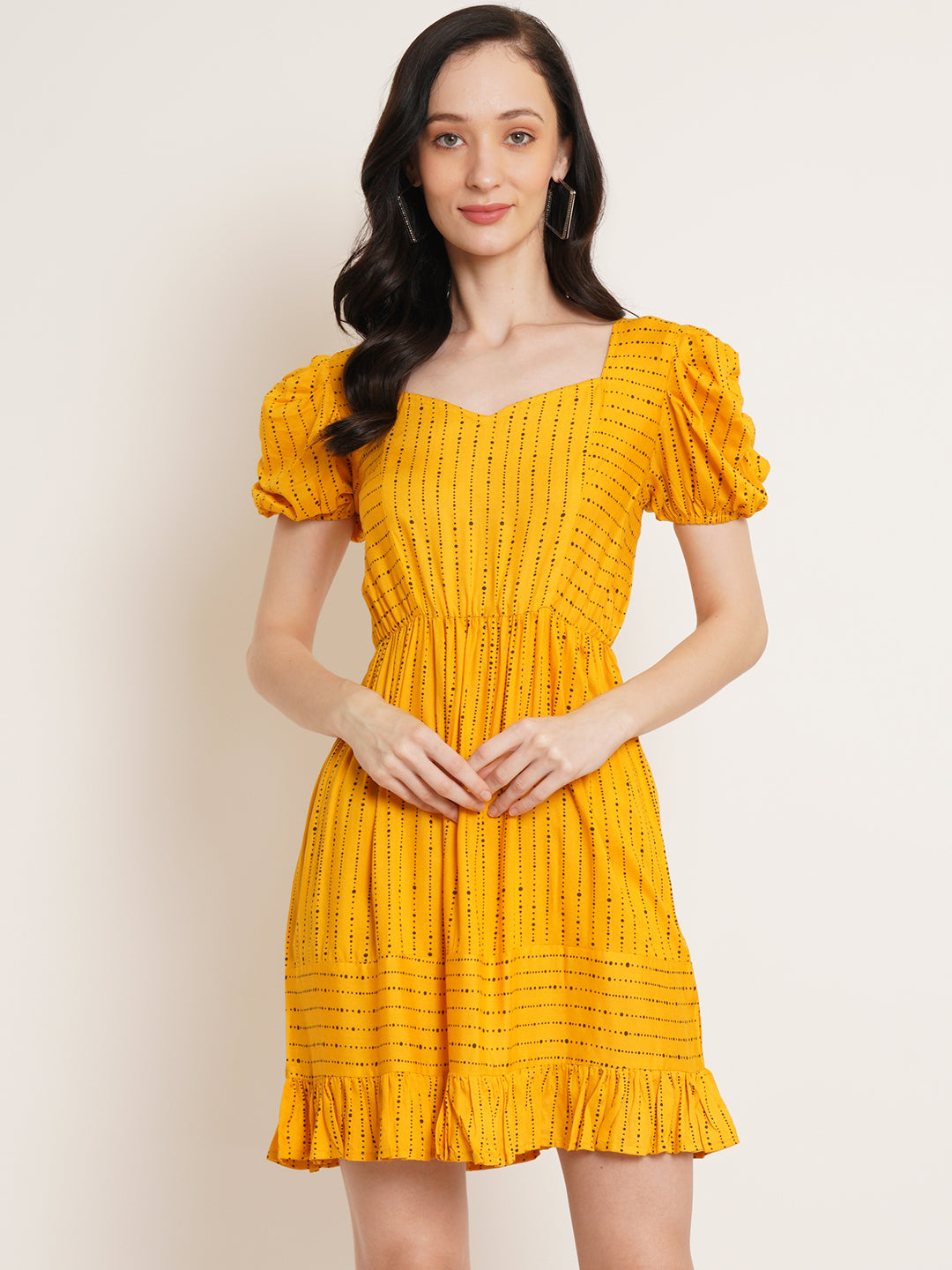 Women Yellow Striped Puff Sleeve Fit & Flare Dress