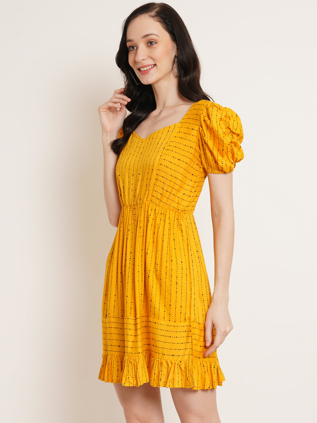 Women Yellow Striped Puff Sleeve Fit & Flare Dress
