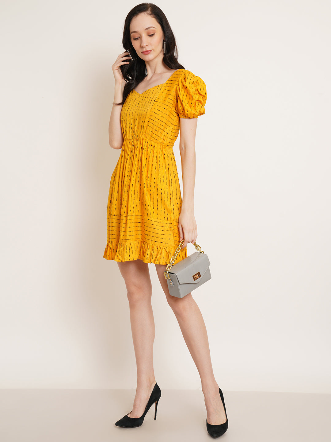 Women Yellow Striped Puff Sleeve Fit & Flare Dress