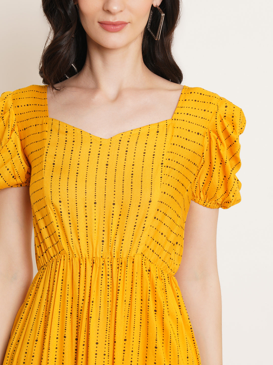 Women Yellow Striped Puff Sleeve Fit & Flare Dress