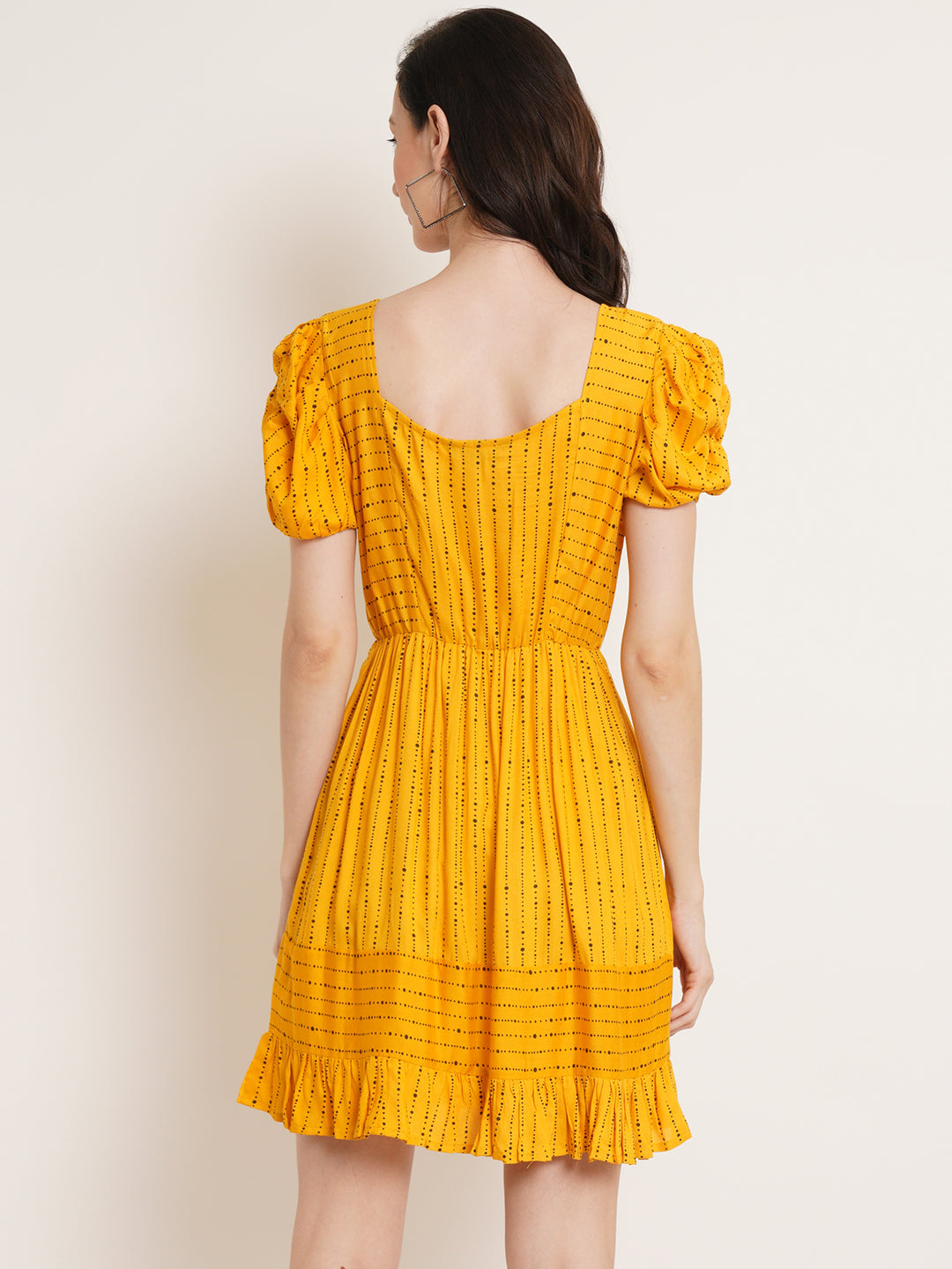 Women Yellow Striped Puff Sleeve Fit & Flare Dress