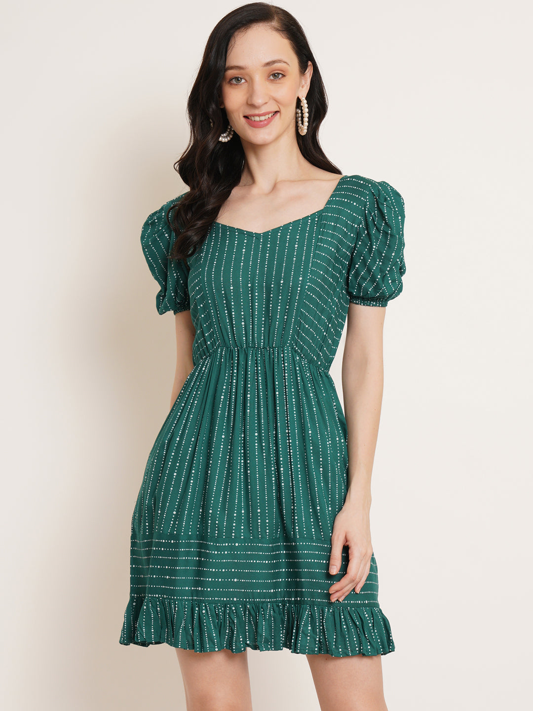 Women Green Striped Puff Sleeve Fit & Flare A-Line Dress