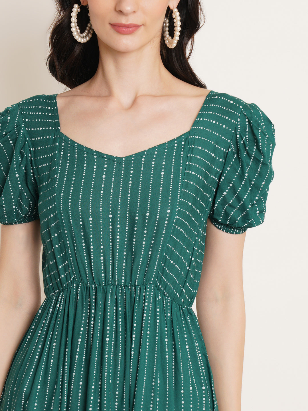Women Green Striped Puff Sleeve Fit & Flare A-Line Dress