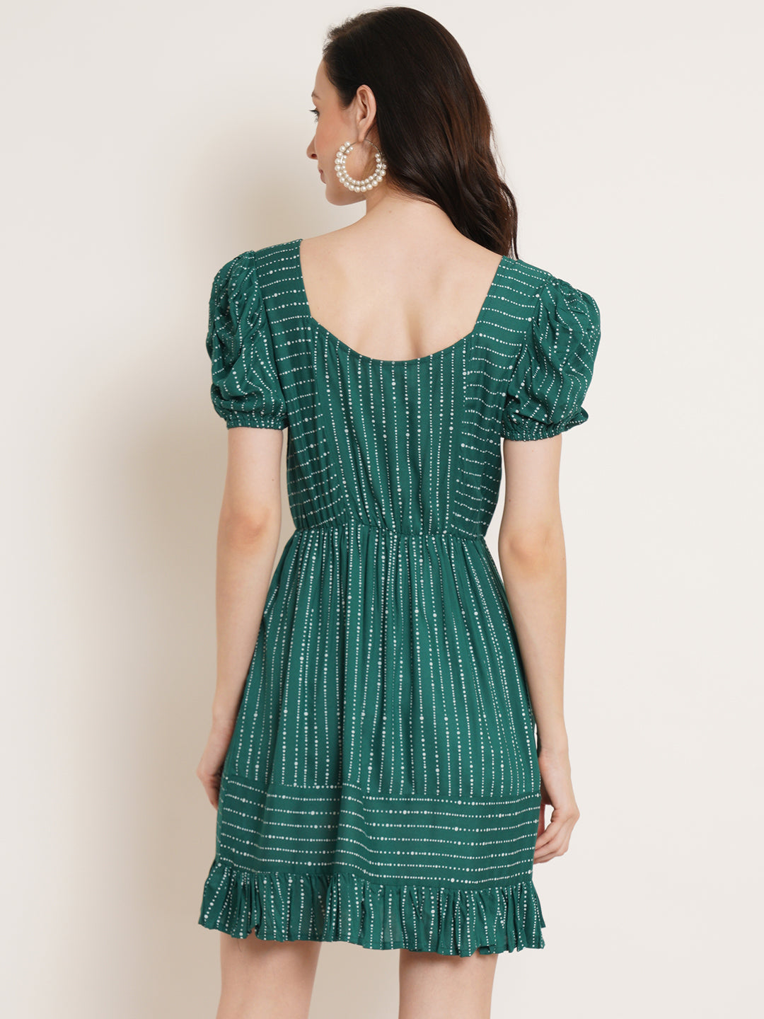 Women Green Striped Puff Sleeve Fit & Flare A-Line Dress