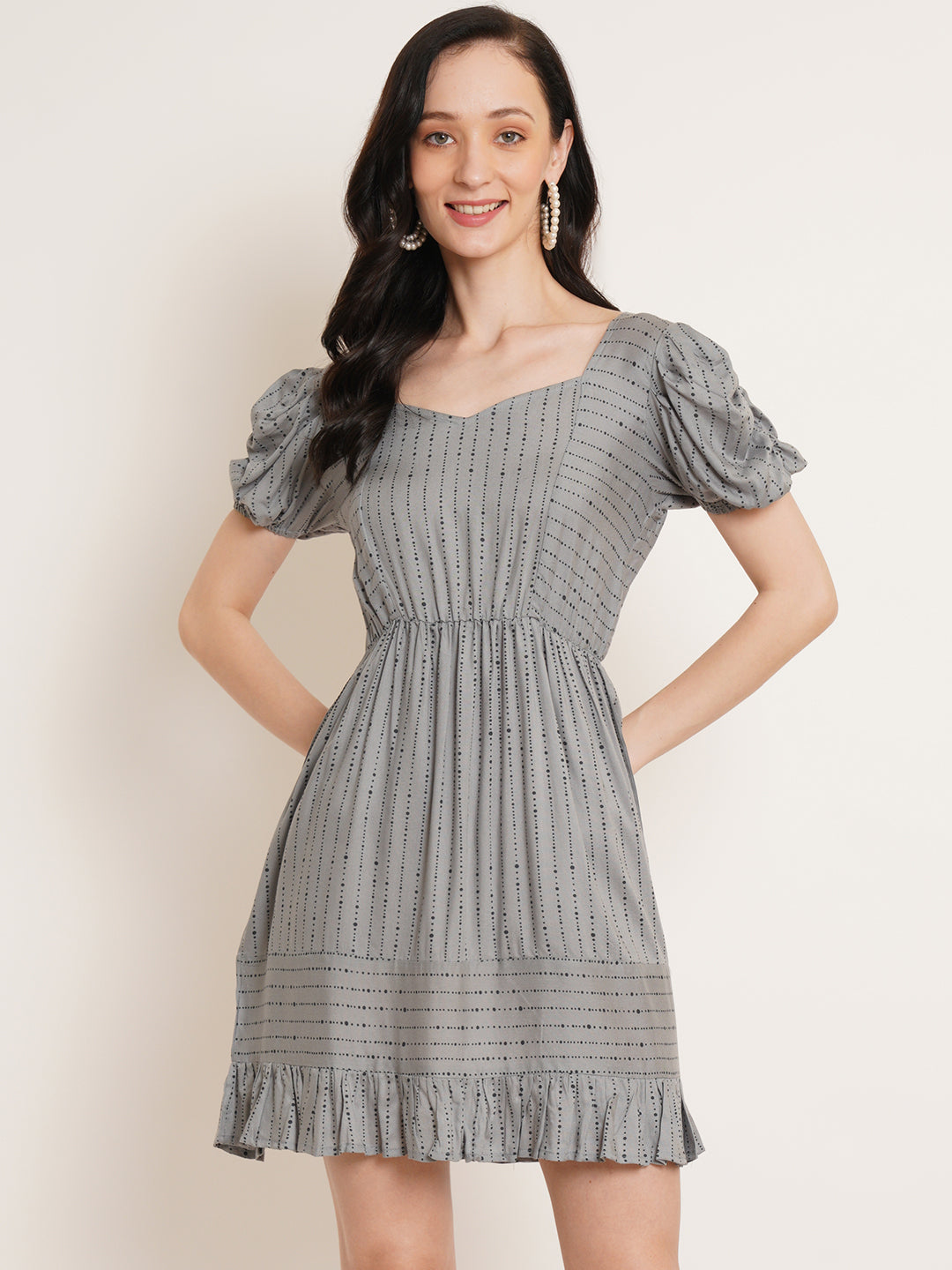 Women Grey Striped Puff Sleeve Fit & Flare Dress