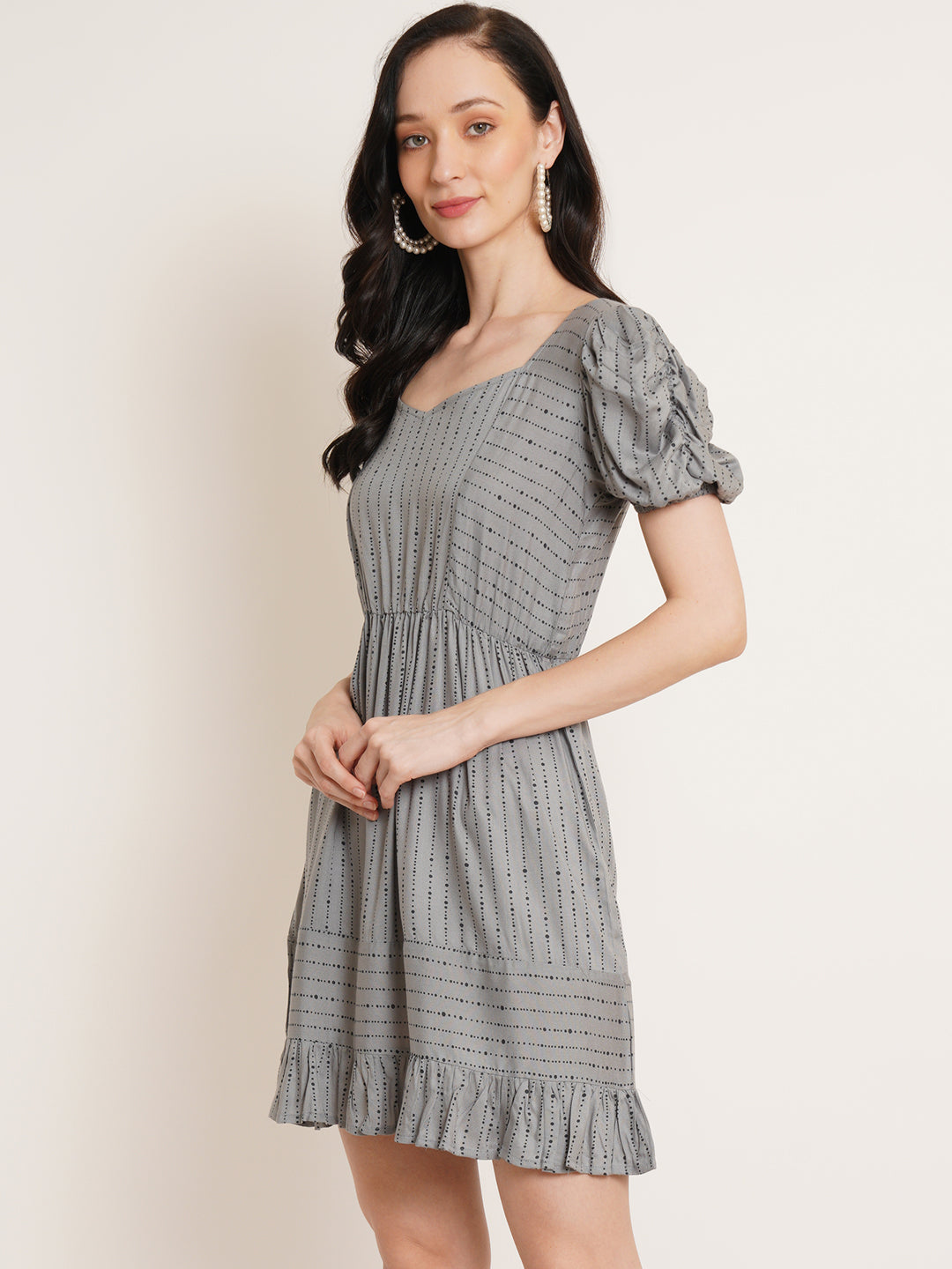 Women Grey Striped Puff Sleeve Fit & Flare Dress
