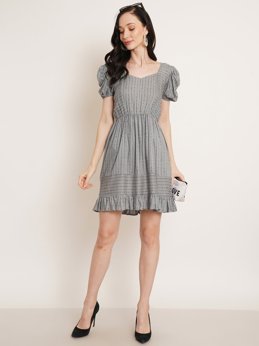 Women Grey Striped Puff Sleeve Fit & Flare Dress
