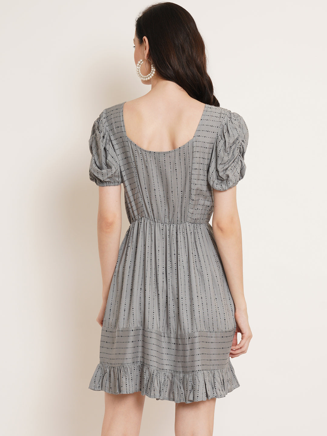 Women Grey Striped Puff Sleeve Fit & Flare Dress