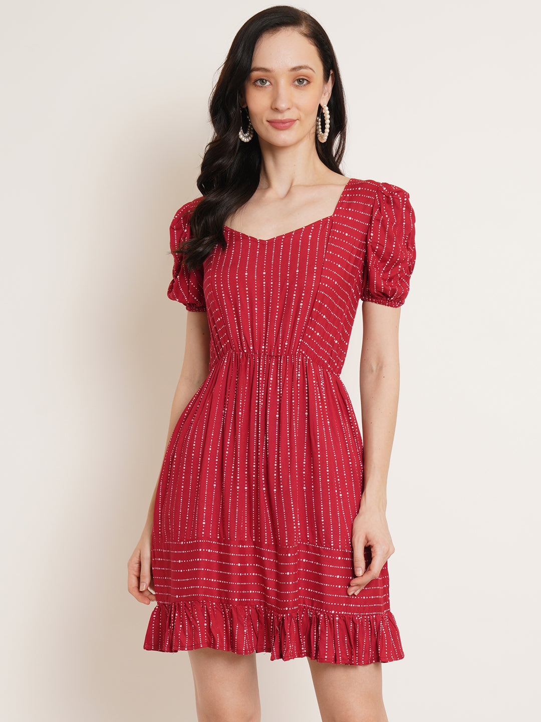 Women Red Striped Puff Sleeve Fit & Flare Dress