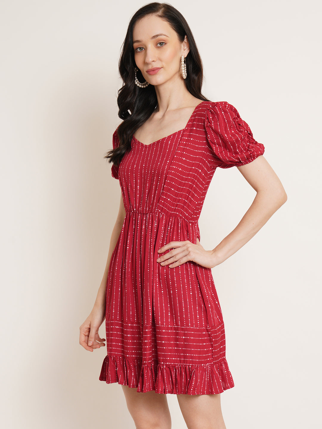 Women Red Striped Puff Sleeve Fit & Flare Dress