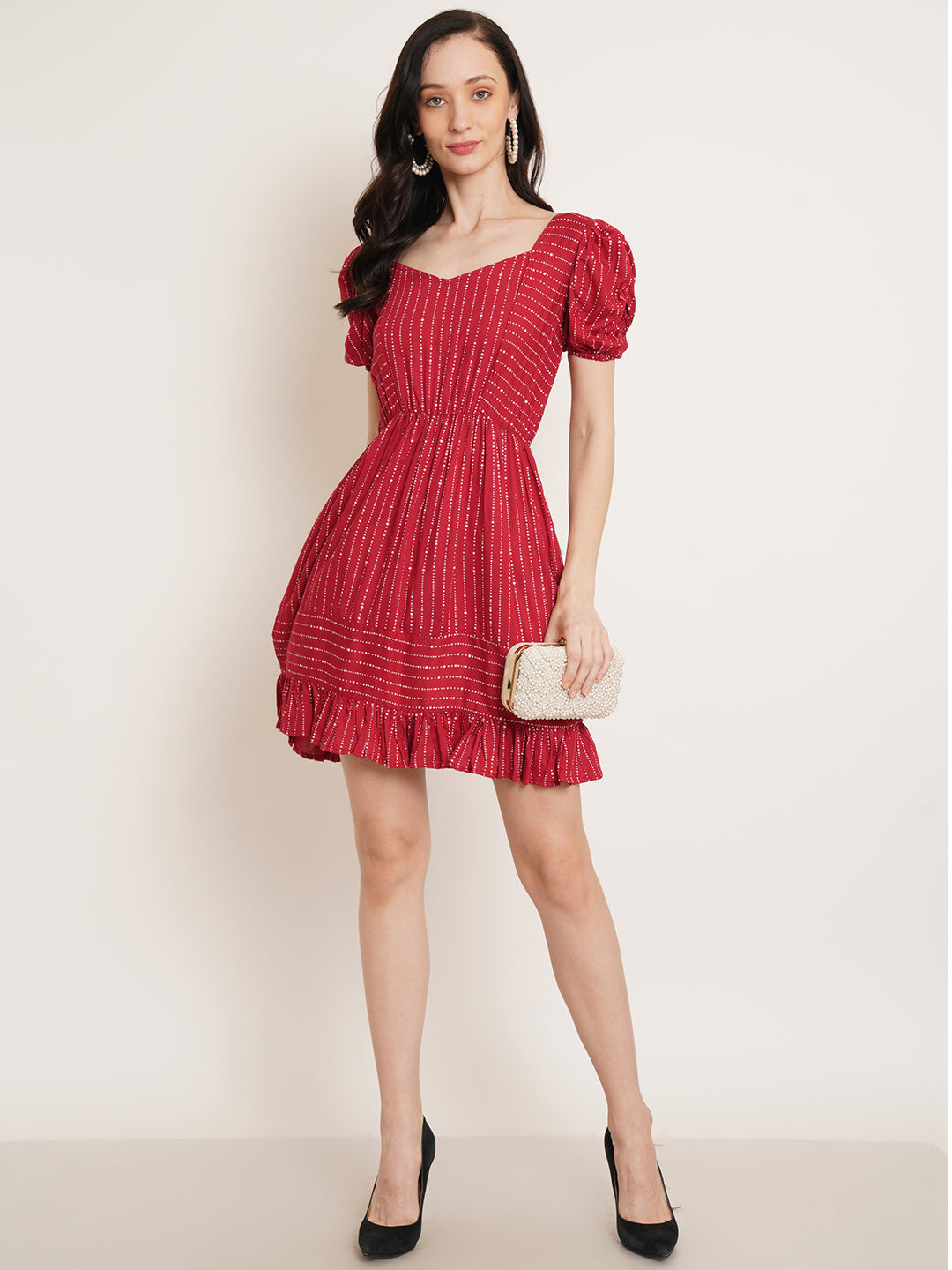 Women Red Striped Puff Sleeve Fit & Flare Dress