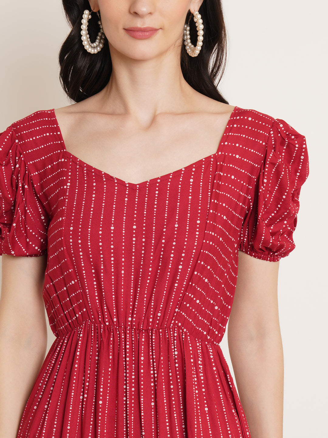 Women Red Striped Puff Sleeve Fit & Flare Dress