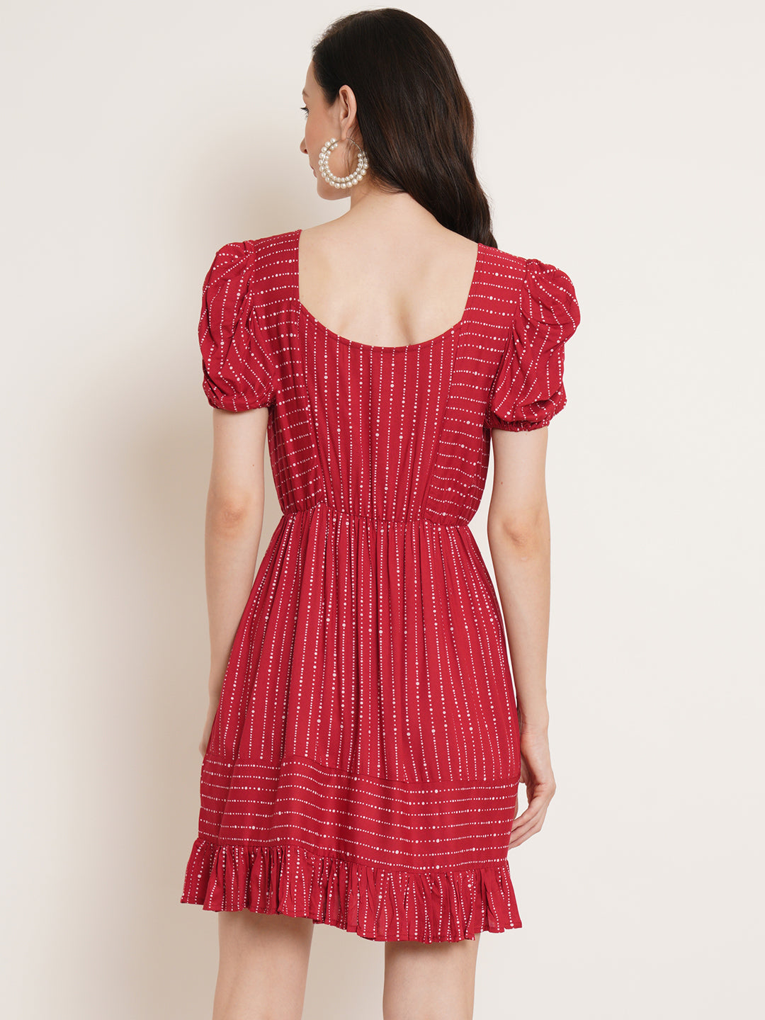Women Red Striped Puff Sleeve Fit & Flare Dress