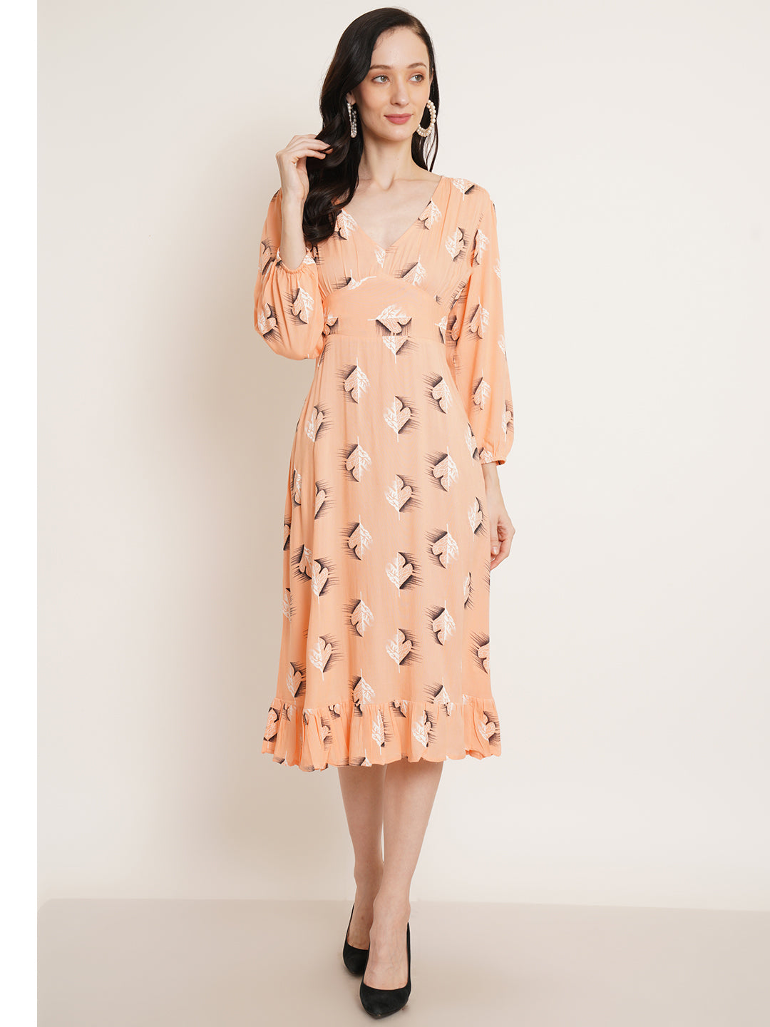 Women Coral Printed Puff Sleeve Fit & Flare Midi Dress