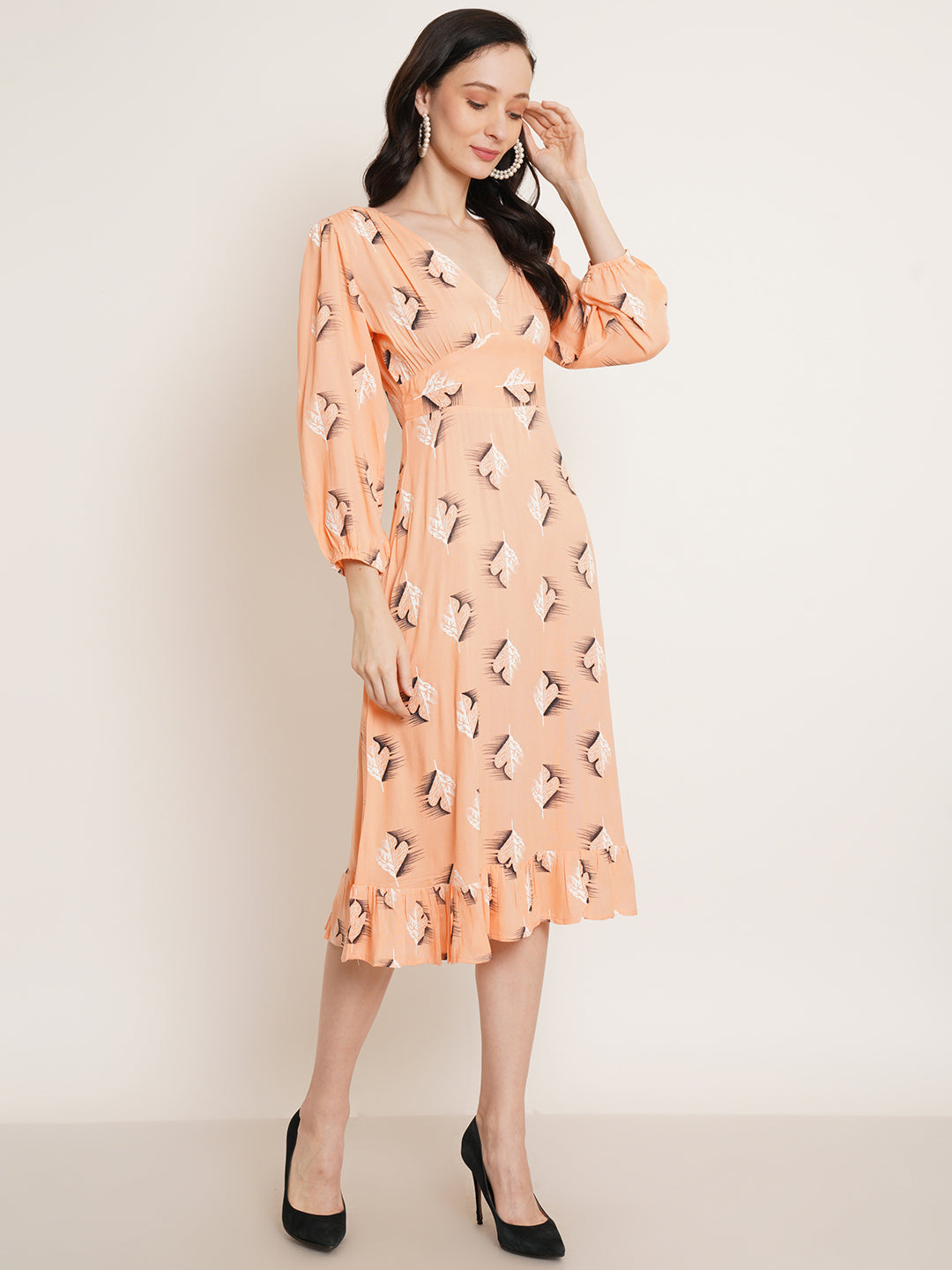 Women Coral Printed Puff Sleeve Fit & Flare Midi Dress