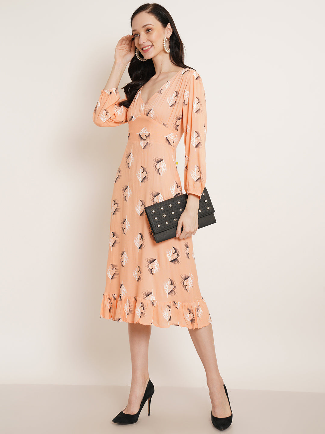 Women Coral Printed Puff Sleeve Fit & Flare Midi Dress
