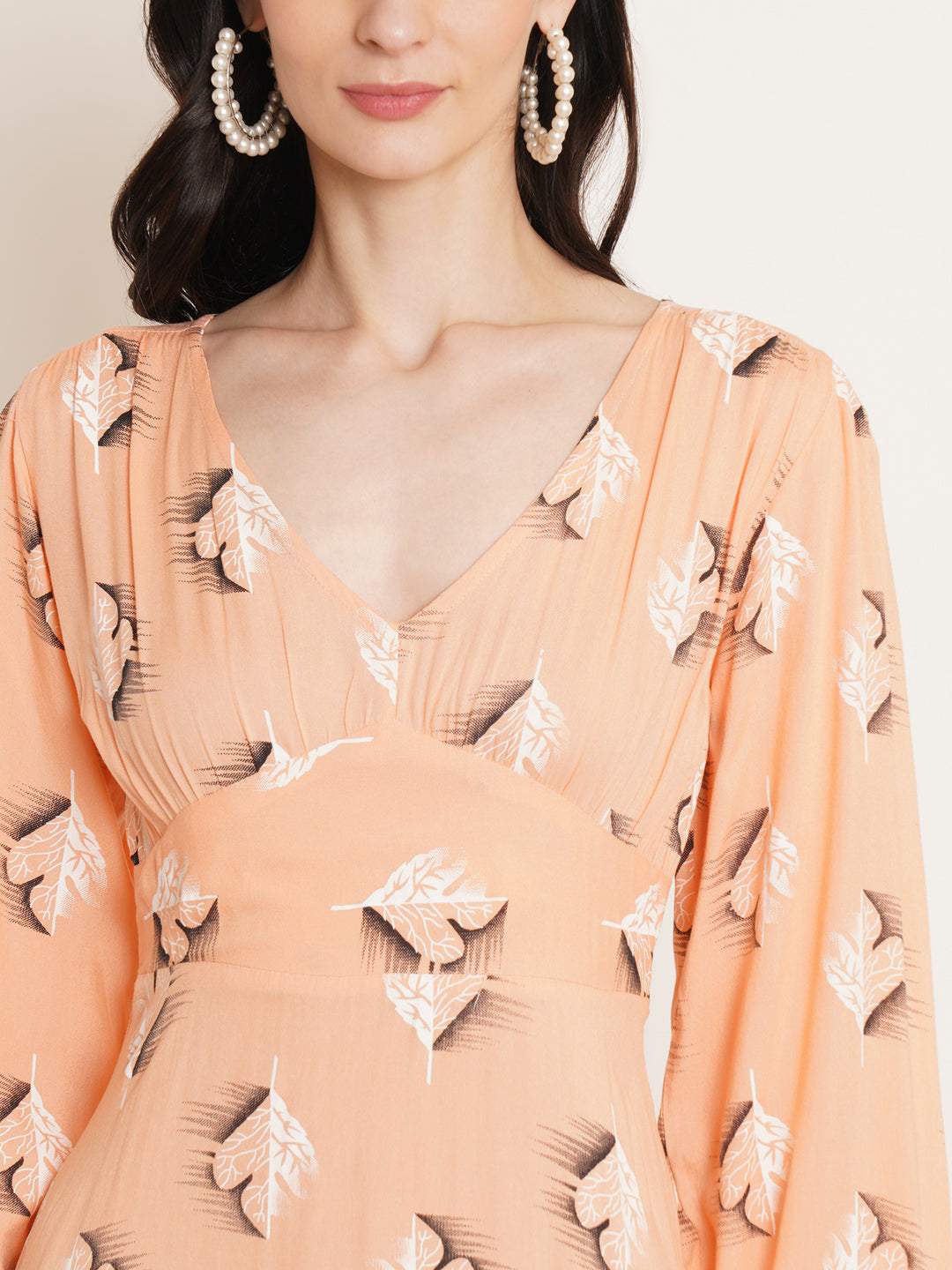 Women Coral Printed Puff Sleeve Fit & Flare Midi Dress