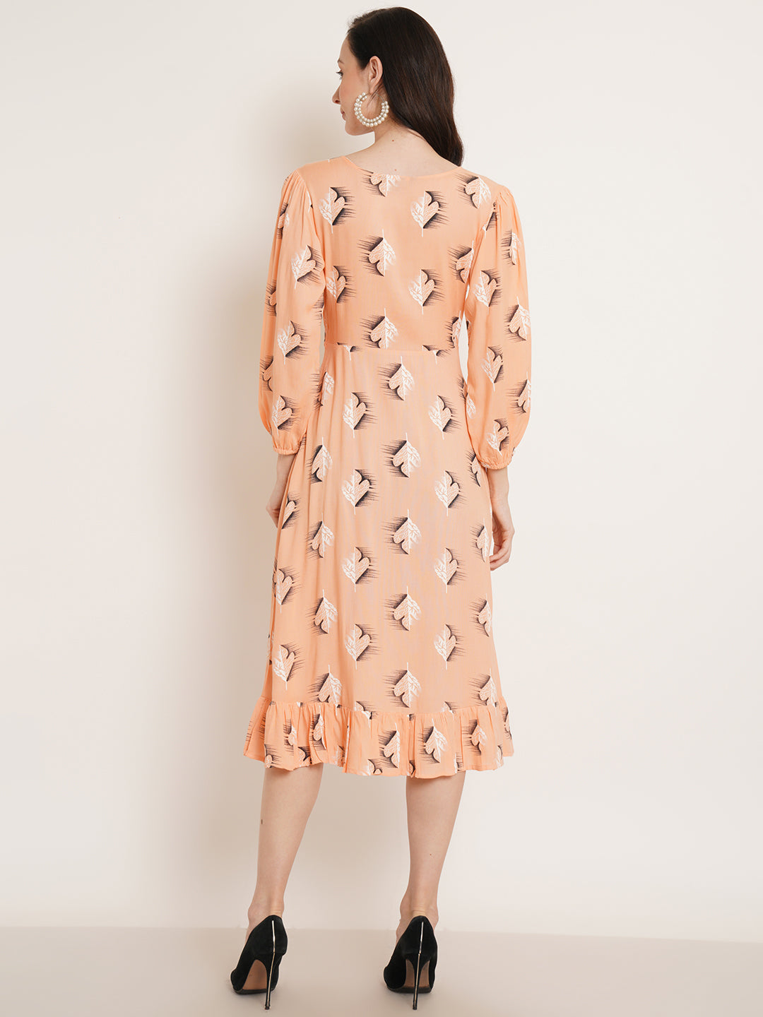 Women Coral Printed Puff Sleeve Fit & Flare Midi Dress