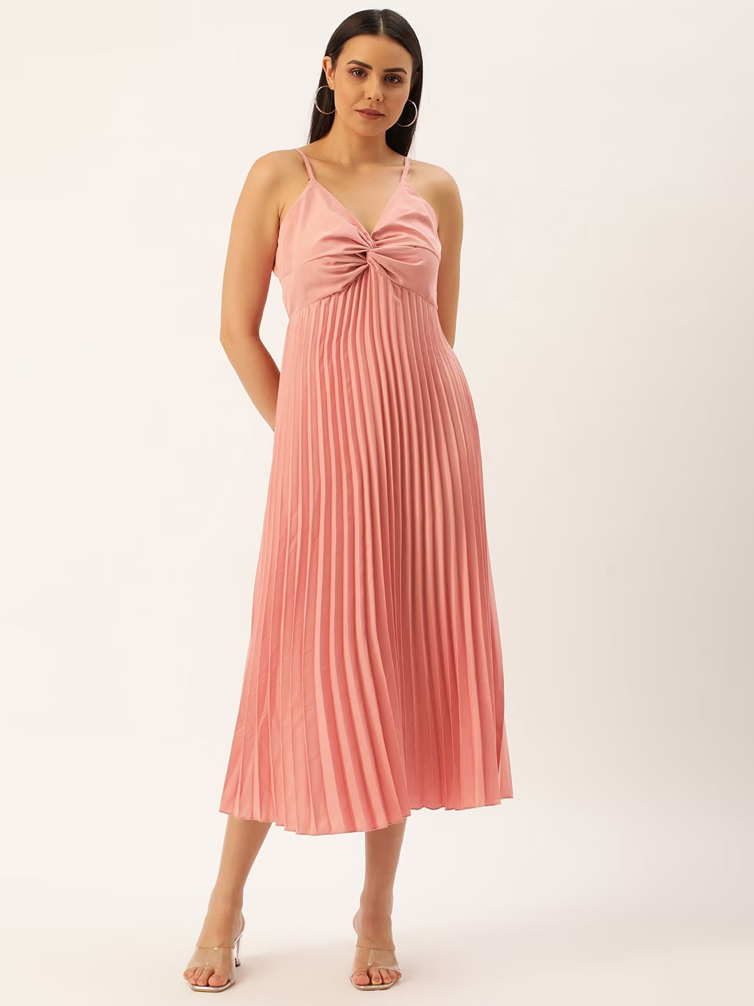 Women Crepe Accordion Pleated A-Line Midi Dress