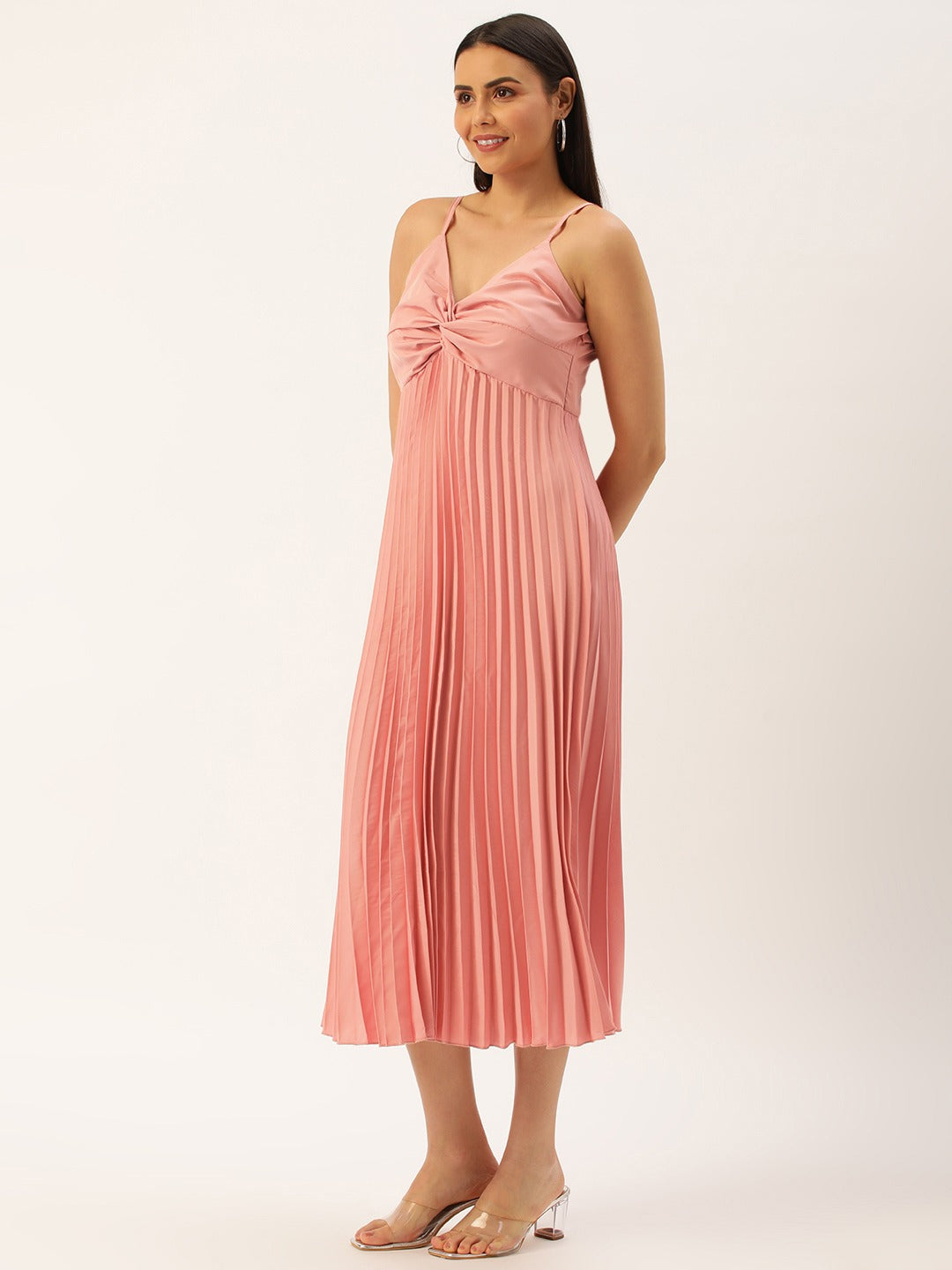 Women Crepe Accordion Pleated A-Line Midi Dress