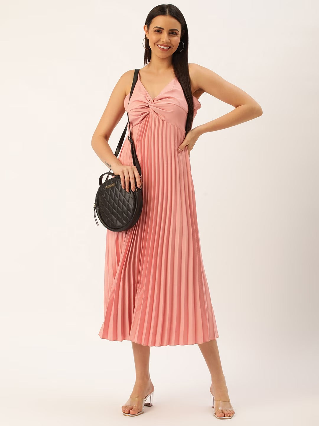 Women Crepe Accordion Pleated A-Line Midi Dress