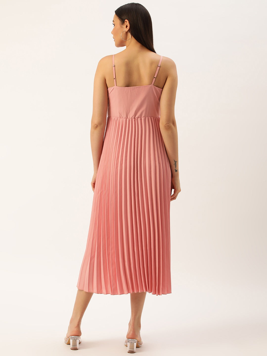 Women Crepe Accordion Pleated A-Line Midi Dress