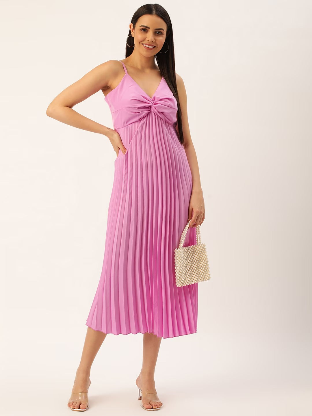 Women Crepe Accordion Pleated A-Line Midi Dress