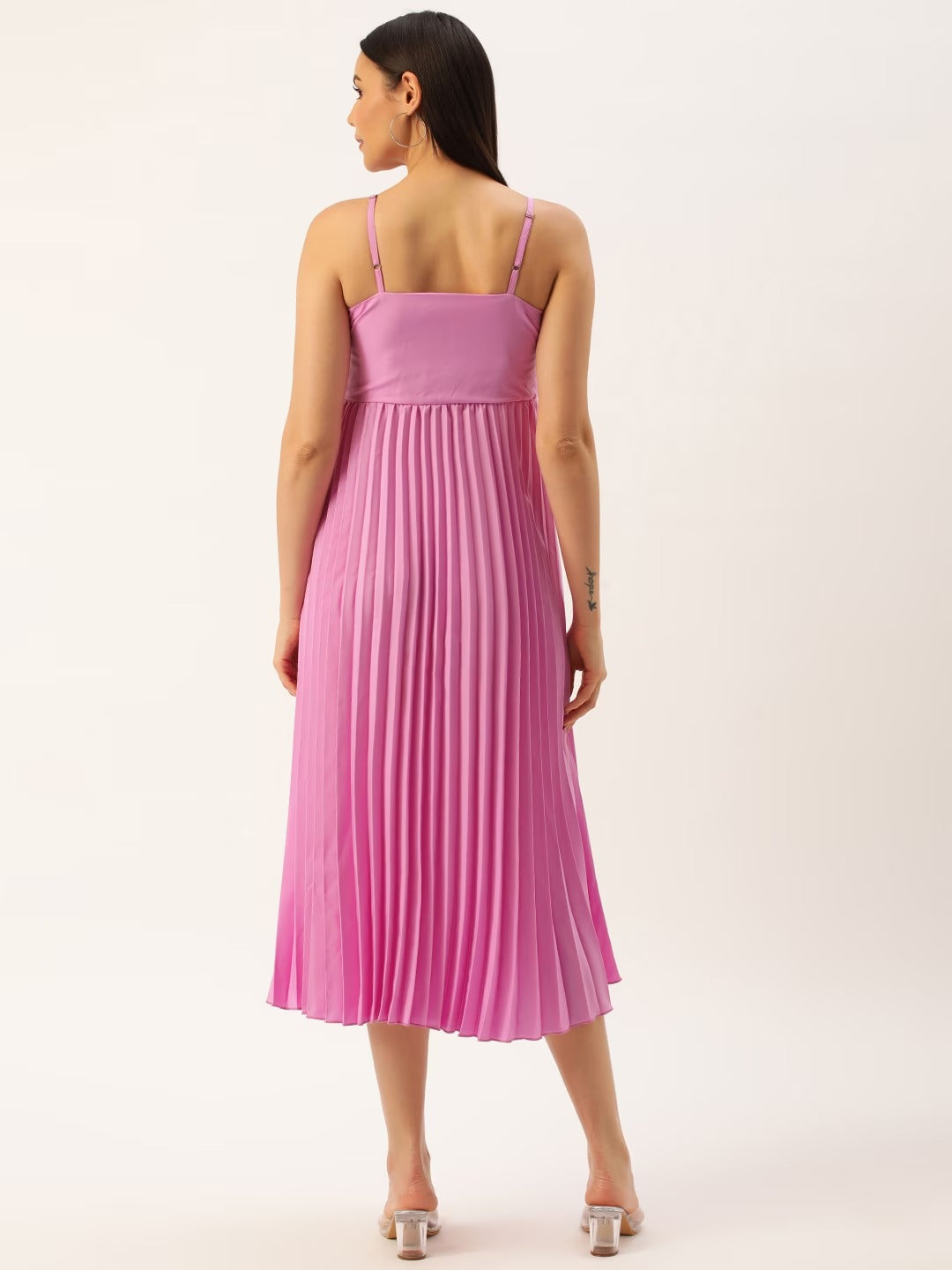Women Crepe Accordion Pleated A-Line Midi Dress