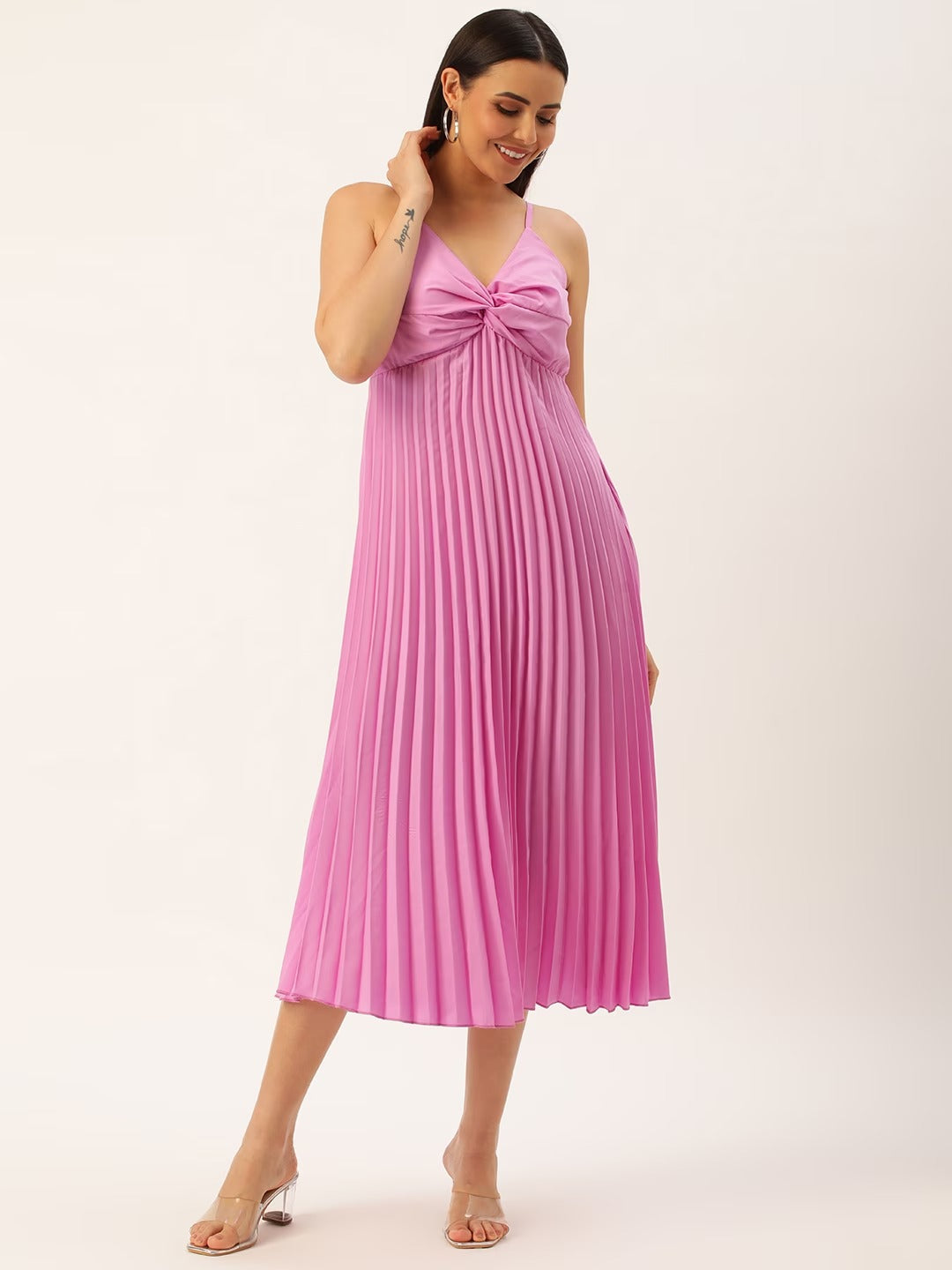 Women Crepe Accordion Pleated A-Line Midi Dress