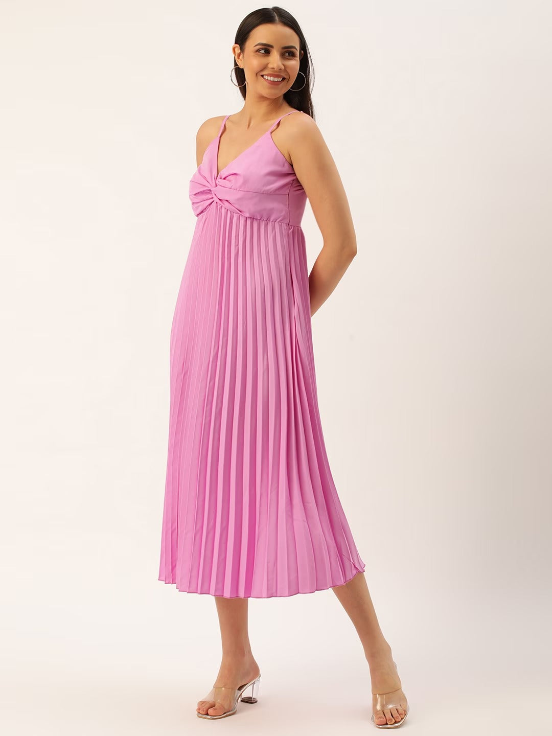 Women Crepe Accordion Pleated A-Line Midi Dress