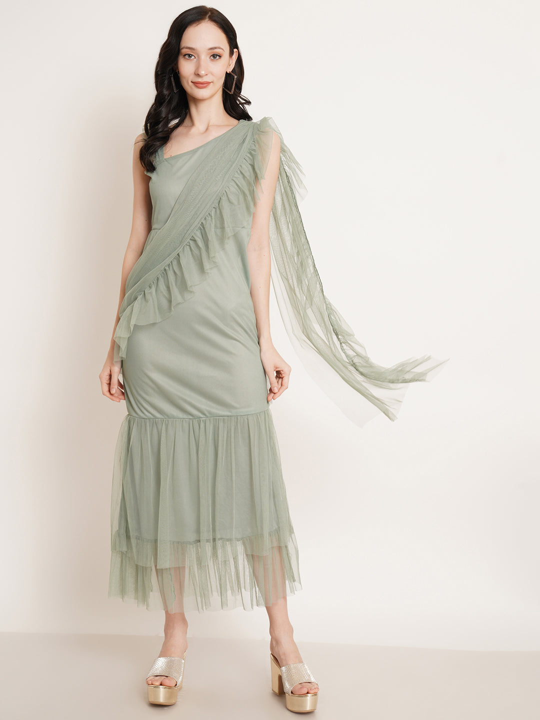 Women Green Ruffles Net Maxi Midi Dress