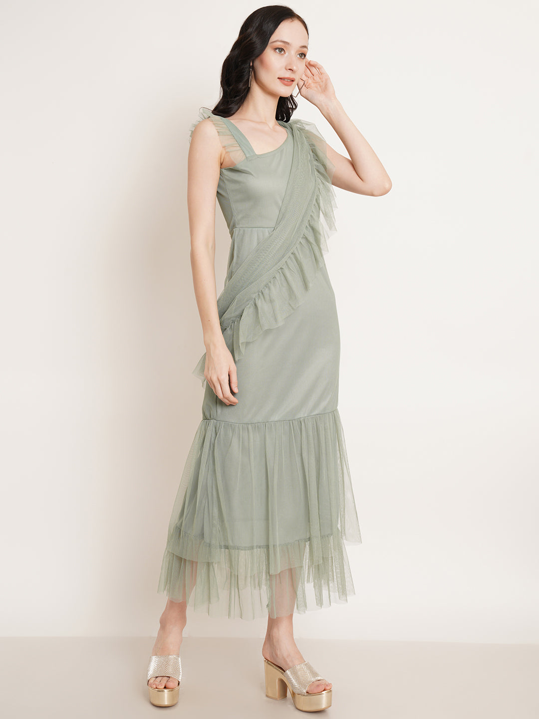 Women Green Ruffles Net Maxi Midi Dress