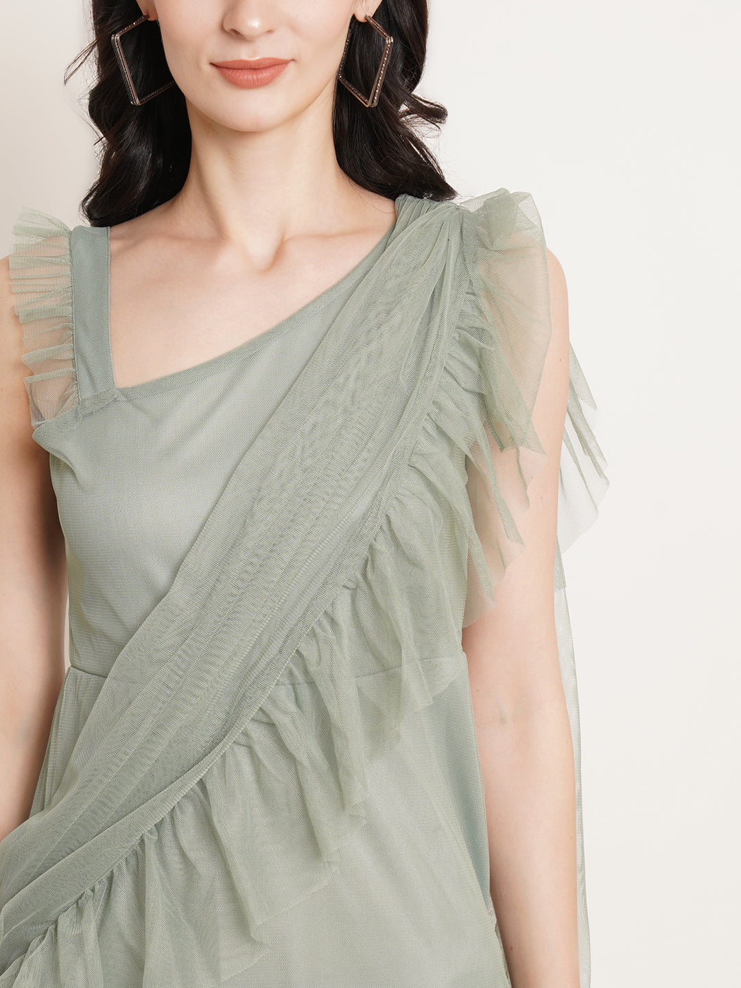 Women Green Ruffles Net Maxi Midi Dress