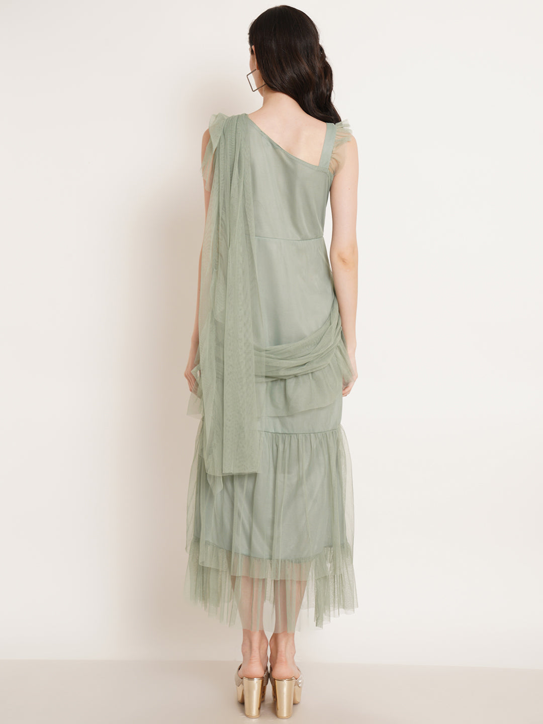 Women Green Ruffles Net Maxi Midi Dress