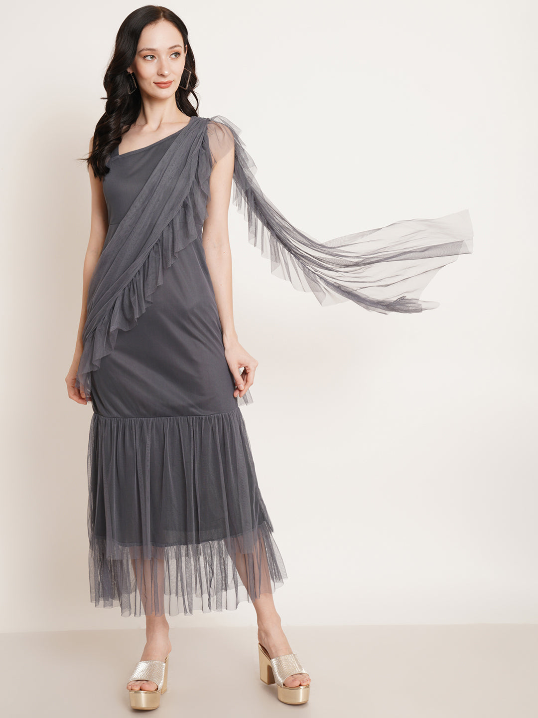 Women Grey Net Ruffles Maxi Dress